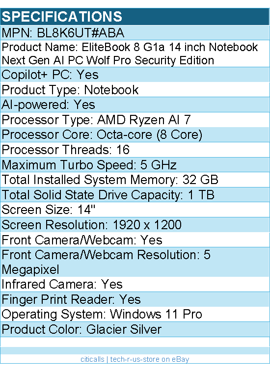 HP BL8K6UT#ABA EliteBook 8 G1a 14" Touchscreen Copilot+ PC Notebook