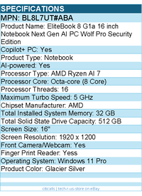 HP BL8L7UT#ABA EliteBook 8 G1a 16" Touchscreen Copilot+ PC Notebook