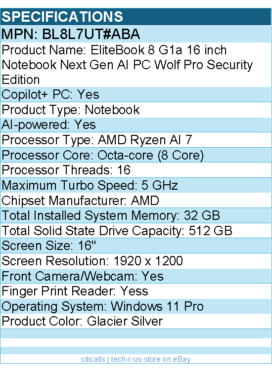 HP BL8L7UT#ABA EliteBook 8 G1a 16" Touchscreen Copilot+ PC Notebook