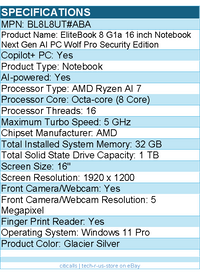 HP BL8L8UT#ABA EliteBook 8 G1a 16" Touchscreen Copilot+ PC Notebook