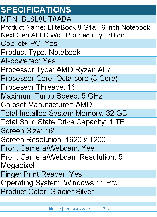 HP BL8L8UT#ABA EliteBook 8 G1a 16" Touchscreen Copilot+ PC Notebook
