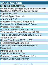 HP BL8L9UT#ABA EliteBook 8 G1a 14" Touchscreen Copilot+ PC Notebook