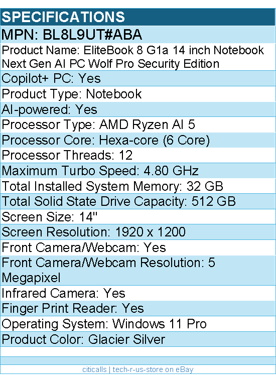 HP BL8L9UT#ABA EliteBook 8 G1a 14" Touchscreen Copilot+ PC Notebook
