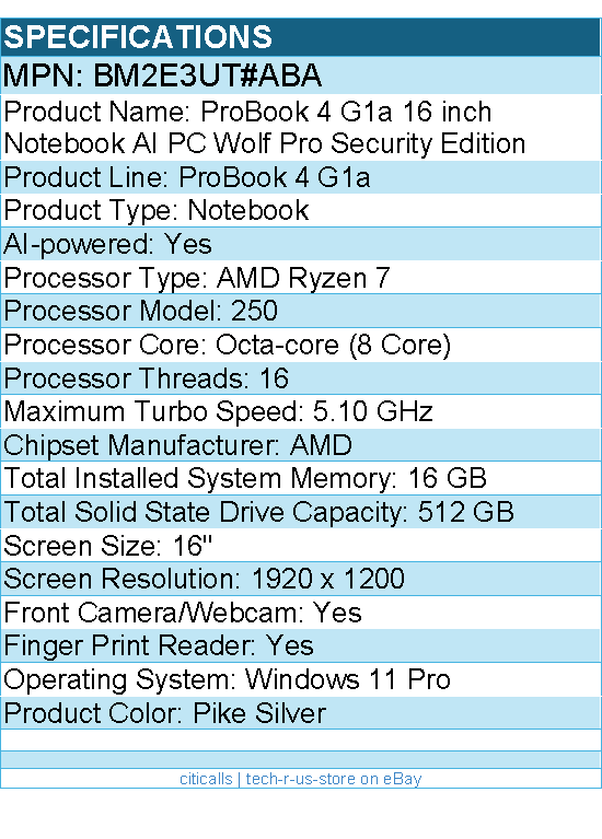 HP BM2E3UT#ABA ProBook 4 G1a 16" Notebook - WUXGA - AMD Ryzen 7 250 -Pike Silver