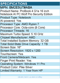 HP BM2E5UT#ABA ProBook 4 G1a 16" Touchscreen Notebook - WUXGA - AMD Ryzen 7 250