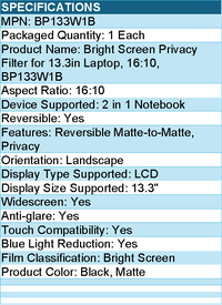 3M BP133W1B Bright Screen Privacy Filter for 13.3in Laptop, 16:10