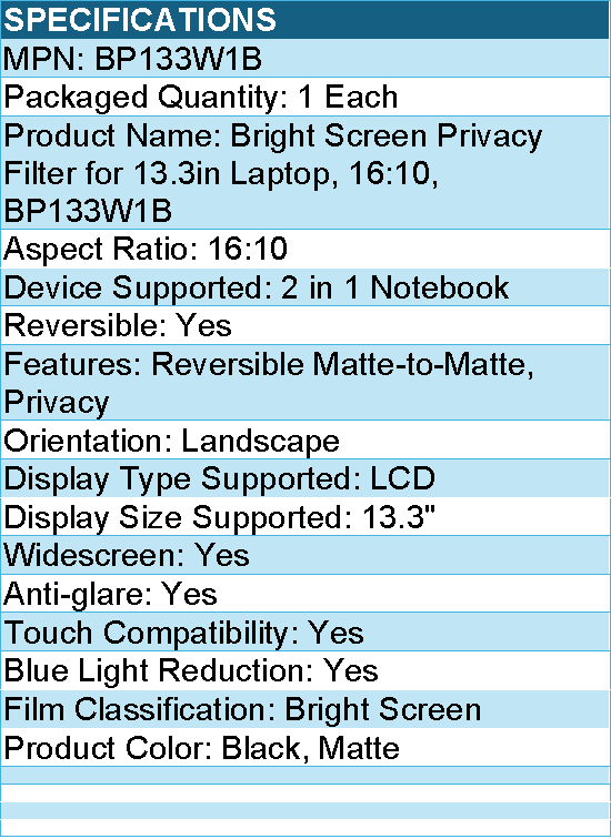 3M BP133W1B Bright Screen Privacy Filter for 13.3in Laptop, 16:10