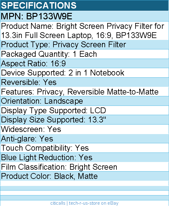 3M BP133W9E Bright Screen Privacy Filter for 13.3in Full Screen Laptop, 16:9