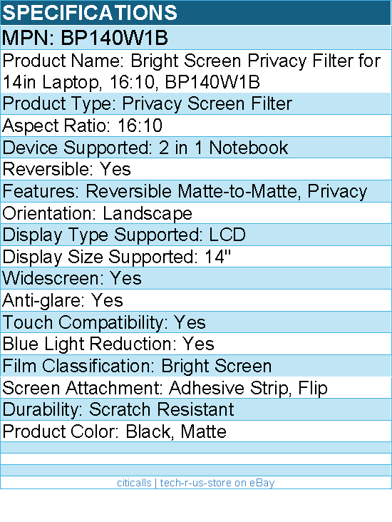 3M BP140W1B Bright Screen Privacy FilterFor 14" Widescreen LCD 2 in 1 Notebook