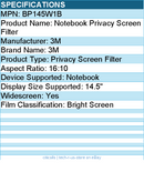 3M BP145W1B Privacy Screen Filter for 14.5" Notebook - Bright Screen