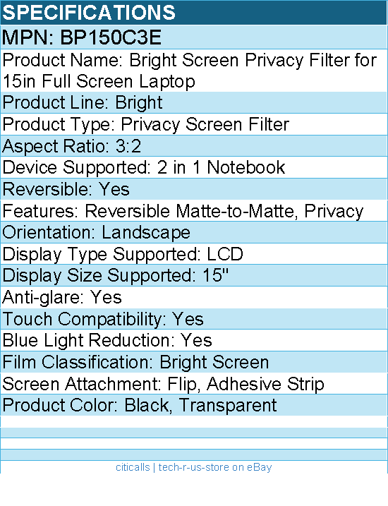 3M BP150C3E Bright Screen Privacy Filter for 15in Full Screen Laptop, 3:2