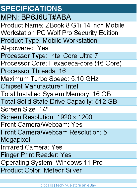 HP BP6J6UT#ABA ZBook 8 G1i 14" Mobile Workstation - 60 Hz - Intel Core Ultra 7