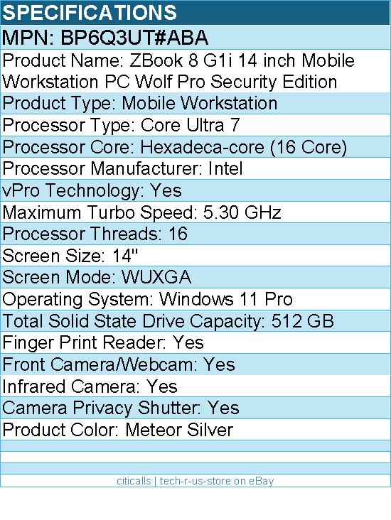 HP BP6Q3UT#ABA ZBook 8 G1i 14" Mobile Workstation - Intel Core Ultra 7