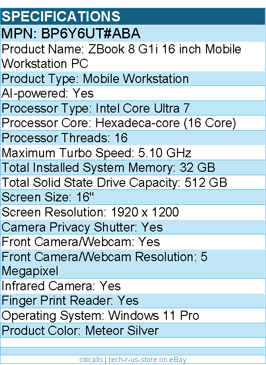 HP BP6Y6UT#ABA ZBook 8 G1i 16" Mobile Workstation - Intel Core Ultra 7 255H