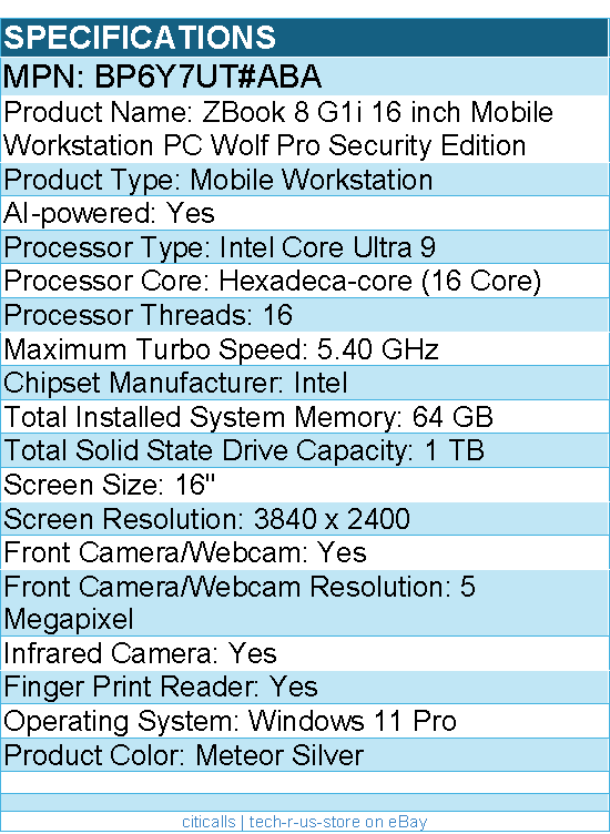 HP BP6Y7UT#ABA ZBook 8 G1i 16" Mobile Workstation - Intel Core Ultra 9