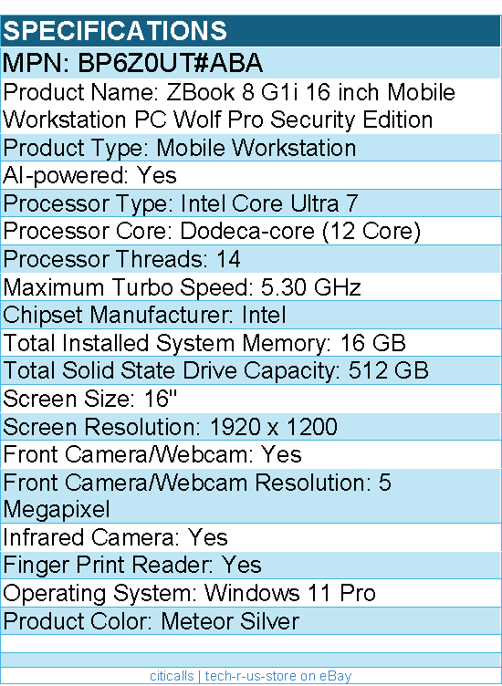 HP  BP6Z0UT#ABA ZBook 8 G1i 16" Mobile Workstation - Intel Core Ultra 7 265U