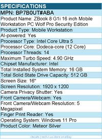 HP BP7B0UT#ABA ZBook 8 G1i 16" Mobile Workstation - Intel Core Ultra 5 235U