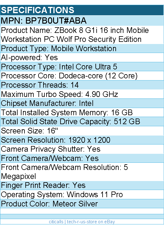 HP BP7B0UT#ABA ZBook 8 G1i 16" Mobile Workstation - Intel Core Ultra 5 235U