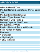 Belkin BPB012btWH 15W 3-port USB Power Bank - 20K mAh - 2xUSB-A (12W)