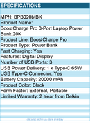 Belkin BPB020btBK 65W 3-port USB Power Bank w/ Digital Display - 20K mAh