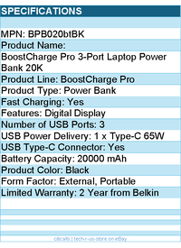 Belkin BPB020btBK 65W 3-port USB Power Bank w/ Digital Display - 20K mAh