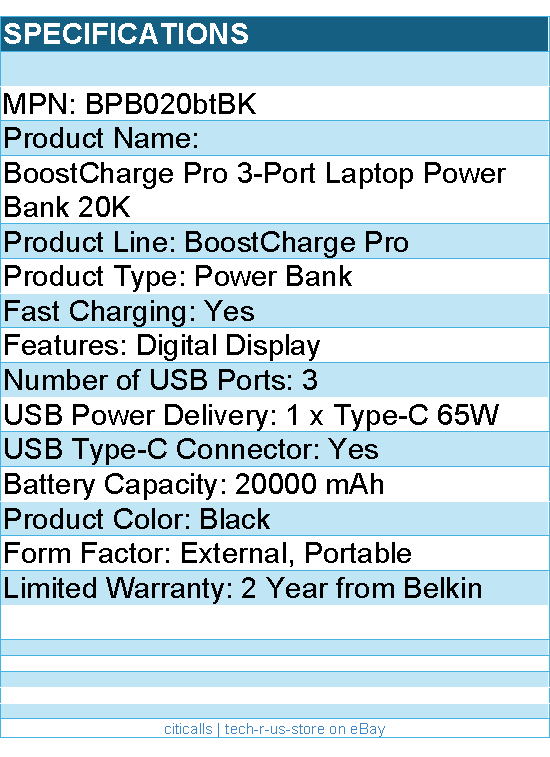 Belkin BPB020btBK 65W 3-port USB Power Bank w/ Digital Display - 20K mAh