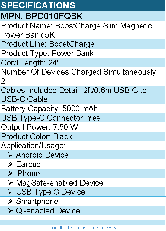 Belkin BPD010FQBK BoostCharge Slim Magnetic Power Bank 5K For Smartphone, iPhone
