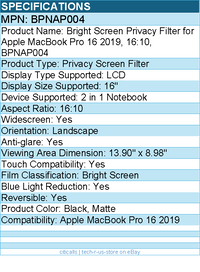 3M BPNAP004 Bright Screen Privacy Filter for Apple MacBook Pro 16 2019, 16:10