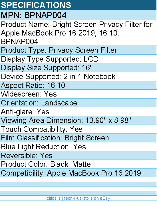 3M BPNAP004 Bright Screen Privacy Filter for Apple MacBook Pro 16 2019, 16:10