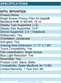 3M BPNAP006 Bright Screen Privacy Filter for Apple MacBook Air 13 M2, 16:10