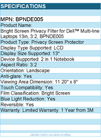 3M BPNDE005 Bright Screen Privacy Filter for Dell Multi-line Laptops 13in