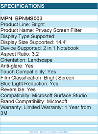 3M BPNMS003 Bright Screen Privacy Filter for Surface Studio Laptop 2 14.4in