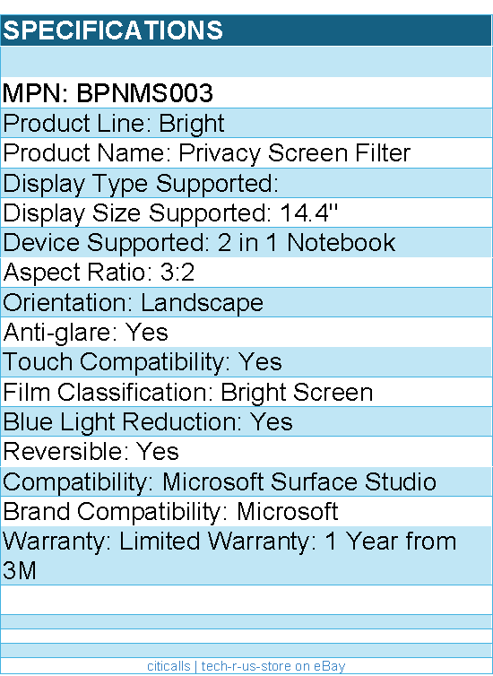 3M BPNMS003 Bright Screen Privacy Filter for Surface Studio Laptop 2 14.4in