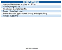 CipherLab BPOWER0000143 RS38 USB-C Charging Cable w Adapter
