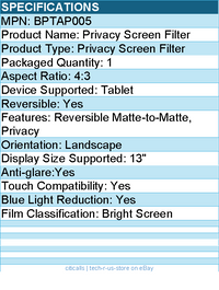 3M BPTAP005     Privacy Screen Filter for Tablet 13" - Reversible Matte-to-Matte