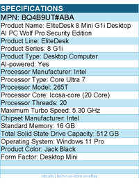 HP BQ4B9UT#ABA EliteDesk 8 G1i Desktop Computer - Intel Core Ultra 7 265T