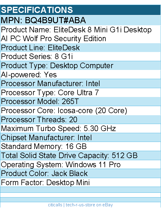 HP BQ4B9UT#ABA EliteDesk 8 G1i Desktop Computer - Intel Core Ultra 7 265T