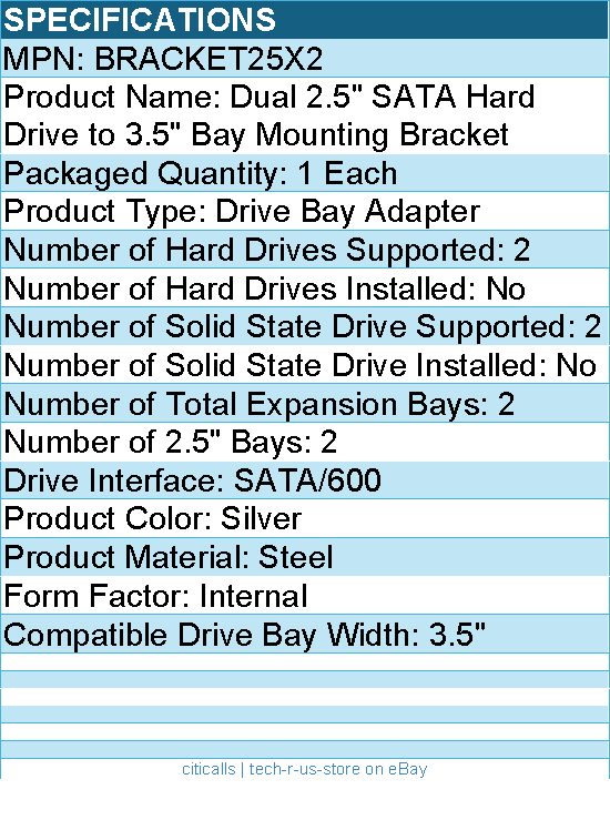 StarTech BRACKET25X2 Dual 2.5" to 3.5" HDD Bracket for SATA Hard Drives - Silver