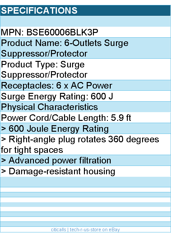 Belkin BSE60006BLK3P 6 Outlet Surge Protector with 6ft Power Cord - 600 Joules