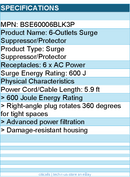 Belkin BSE60006BLK3P 6 Outlet Surge Protector with 6ft Power Cord - 600 Joules