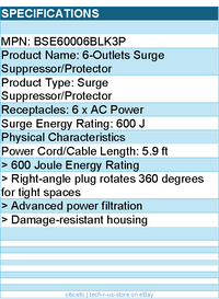 Belkin BSE60006BLK3P 6 Outlet Surge Protector with 6ft Power Cord - 600 Joules