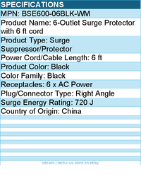 Belkin BSE600-06BLK-WM 6-Outlet Surge Protector - 6ft Cord - Rotating Plug