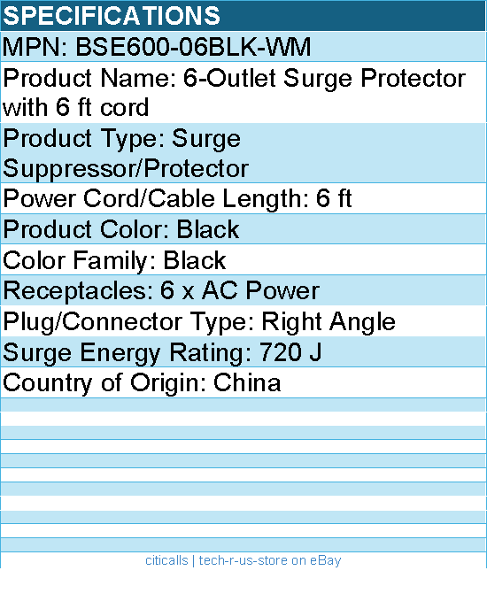 Belkin BSE600-06BLK-WM 6-Outlet Surge Protector - 6ft Cord - Rotating Plug