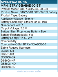 BTI BTRY-36IAB0E-00-BTI 3.6V Battery - For ZEBRA DS3600 LS3600 LI3600 SERIES