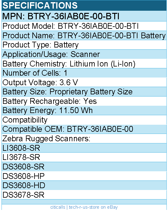 BTI BTRY-36IAB0E-00-BTI 3.6V Battery - For ZEBRA DS3600 LS3600 LI3600 SERIES