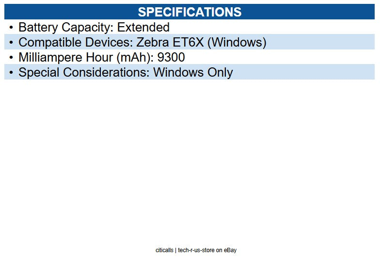 Zebra BTRY-ET6XW-9AH-01 Battery for Tablet PC - Battery Rechargeable - 9300 mAh