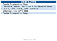 Zebra BTRY-LS34IAB00-00 Battery for Barcode Scanner Battery Rechargeable 2220mAh