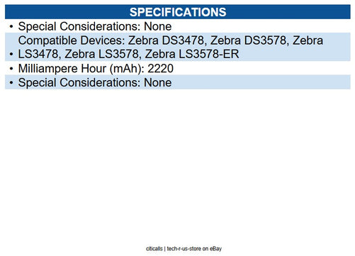 Zebra BTRY-LS34IAB00-00 Battery for Barcode Scanner Battery Rechargeable 2220mAh