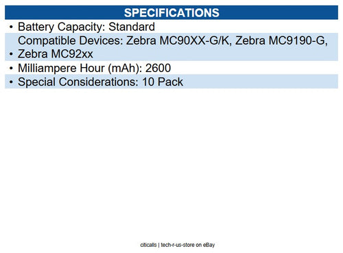 Zebra BTRY-MC9X-26MA-10 Battery for Mobile Computer - Battery Rechargeable