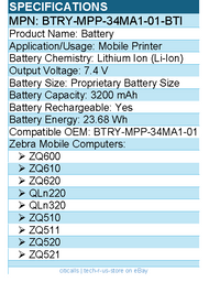BTI BTRY-MPP-34MA1-01-BTI 7.4V 3200MAH 23.68WH Li-ION SCANNER BATTERY FOR ZEBRA